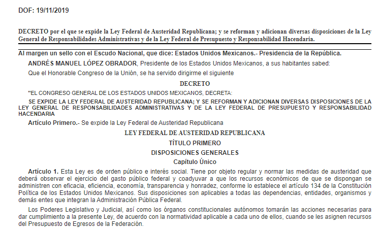 Publican en el DOF el decreto por el que se expide la Ley de Austeridad